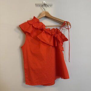 Harshman Petra Blouse Coral Red Ruffle Sleeve 100% Cotton XS Extra Small